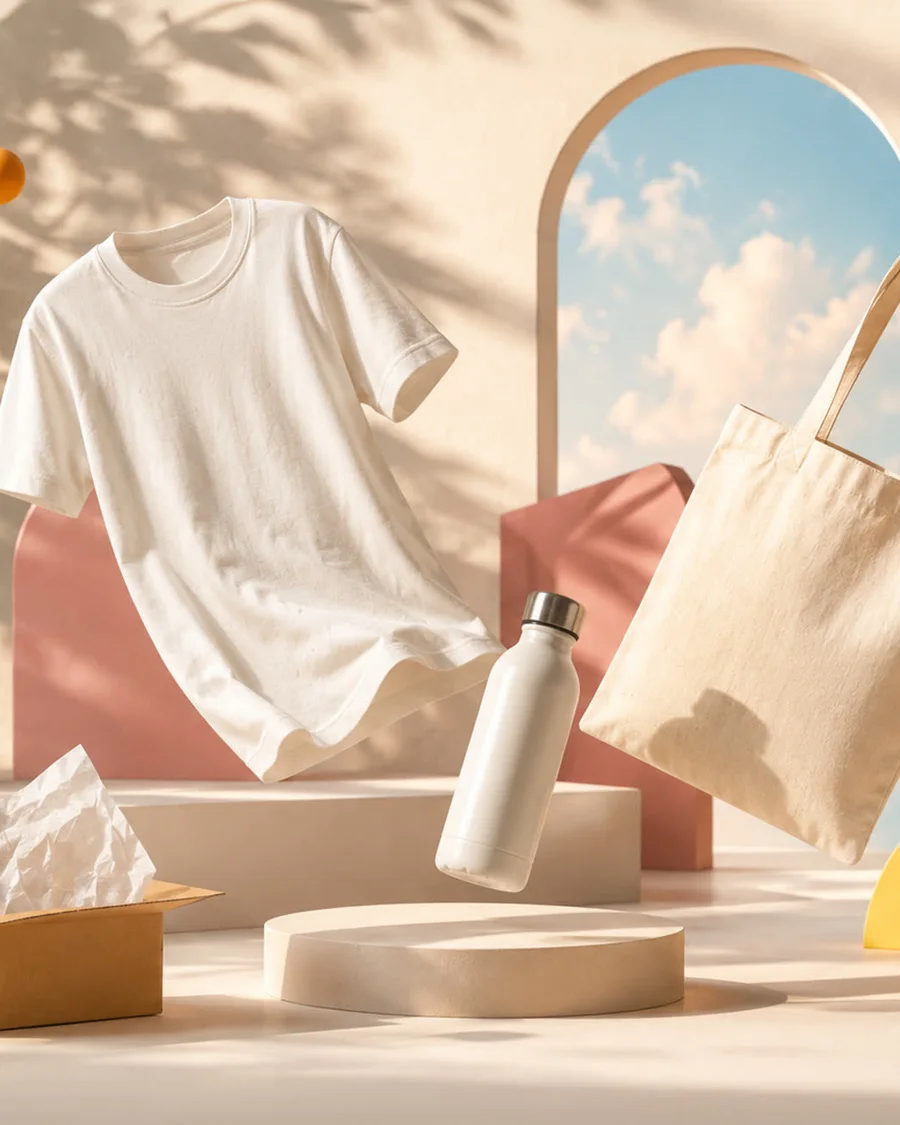 Camiseta, bolsa de tela y botella listas para personalizar